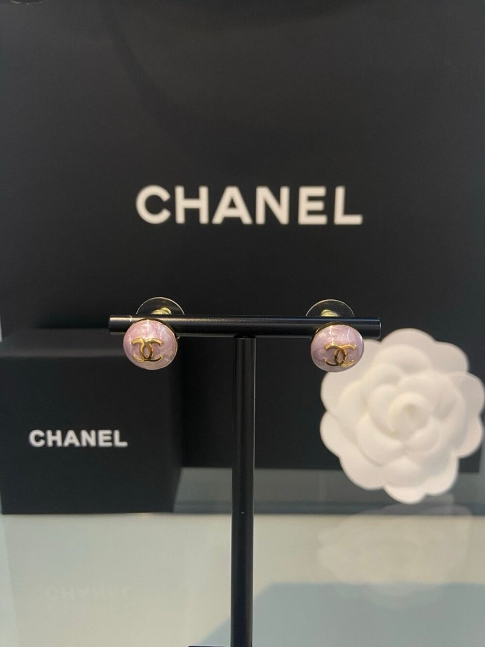 Chanel Gold-Tone Pink Enamel CC Stud Earrings